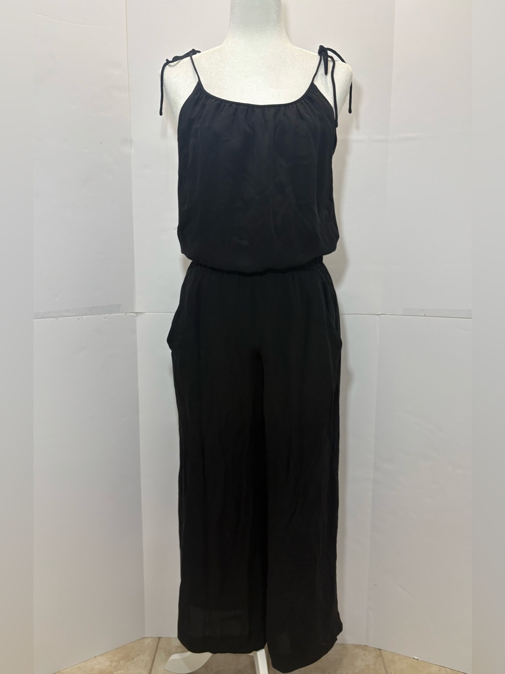 Theory Women’s S Black 100% Silk Wide Leg Jumpsuit Tie Strap Sleeveless SX S
